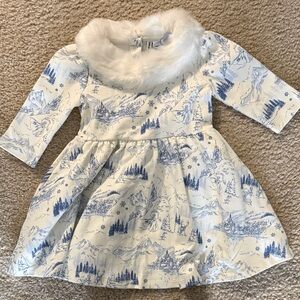 White and Blue Winter Scene Dress with Faux Fur Collar